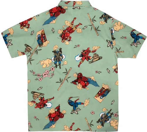 Vista 2 de Marvel Comics Samurai Themed Woven Shirt, Unisex Button Down Shirt Iron Man Spiderman Deadpool