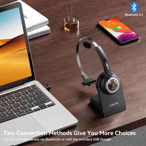 Vista 3 de LEVN Auriculares inalámbricos con micrófono para el trabajo, auriculares inalámbricos (base de carga, cancelación de ruido y botón de silencio)
