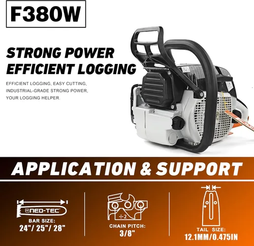 Vista 2 de Motosierra de gasolina de 2 ciclos F380W 72cc, motosierra de gas de 3.6KW 4.8HP apta para barra de 24/25/28 pulgadas, todas las piezas compatibles