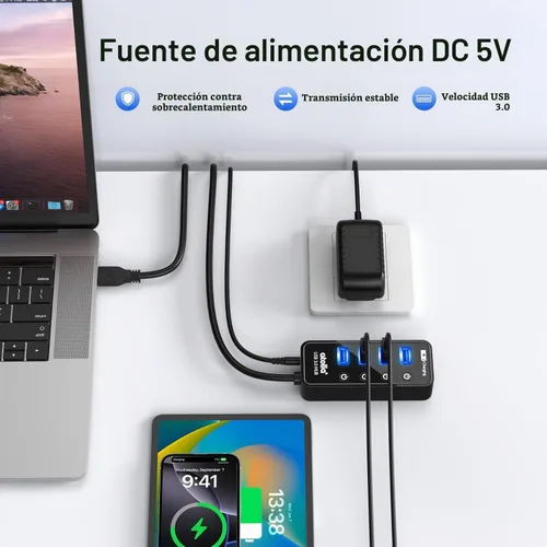 Vista 4 de Atolla Hub USB 3.0 de 4 puertos con 4 puertos de datos, 1 puerto de carga inteligente, interruptores individuales de encendido/apagado y adaptador