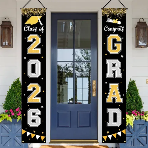 Vista 2 de Bandera de decoración de graduación 2025 GRAD Bandera negra para porche y puerta de bienvenida para pared interior y exterior, decoración