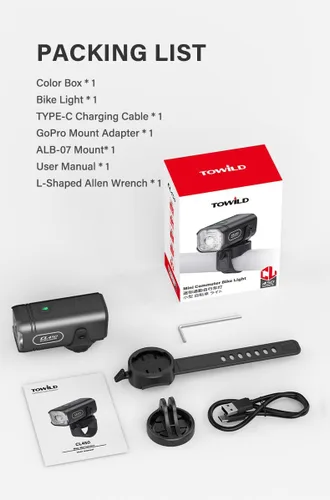 Vista 8 de TOWILD CL450 Luces de bicicleta para conducción nocturna, 450 lúmenes, USB-C recargable, aleación de aluminio, IPX6 impermeable