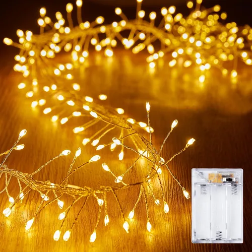 Vista 11 de Luces de Hadas a Batería, 10 Pies 120 LEDs Luces de Cadena Tipo Petardo Impermeables Cable Plateado Luces Estrelladas de Luciérnaga para Bricolaje