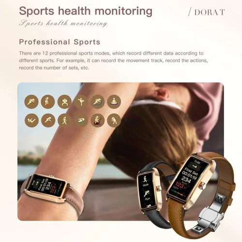 Vista 5 de Rastreador de actividad física para mujer, reloj de fitness para mujer, correa de cuero, funda de aleación, monitor de frecuencia cardíaca de lujo