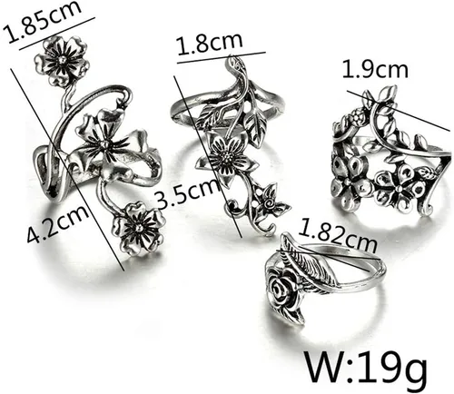 Vista 7 de Juego de 4 anillos vintage bohemios para mujer plata talla única