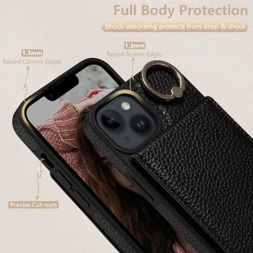 Vista 4 de Funda para iPhone 12 Pro/12, 6.1'', Funda Cartera Cruzada Desmontable con Ranuras para Tarjetas con Bloqueo RFID, Anillo de Soporte 360, Funda Negro