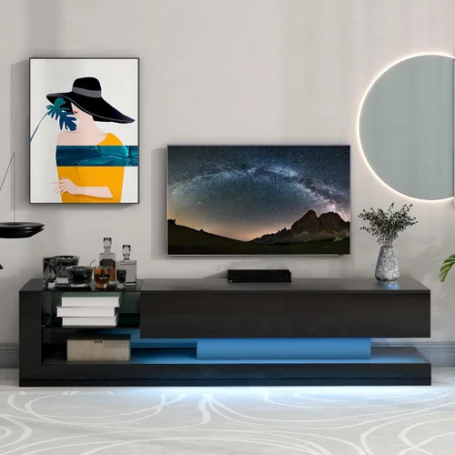 Vista 23 de Soporte de TV versátil de alto brillo con luces LED que cambian de color y 2 estantes de vidrio templado, centro de entretenimiento para televisores