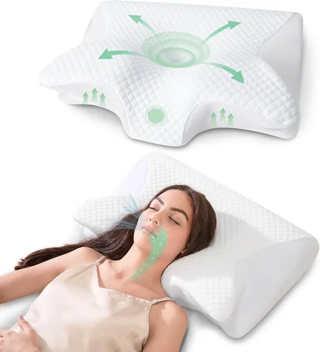 Vista 11 de Almohada cervical de espuma viscoelástica, almohada ergonómica 2 en 1 de apoyo para el cuello con reposabrazos y orificio para las orejas, almohada