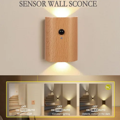 Vista 2 de LANDGOO Luz nocturna de madera de fresno blanco con sensor de movimiento inteligente - Luz de escalera recargable de 2700K LED para dormitorio
