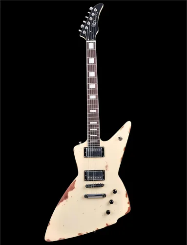 Vista 9 de KGD Relic - Guitarra eléctrica de metal pesado de 6 cuerdas con tuerca de hueso, guitarra eléctrica profesional para adultos (negro y blanco)