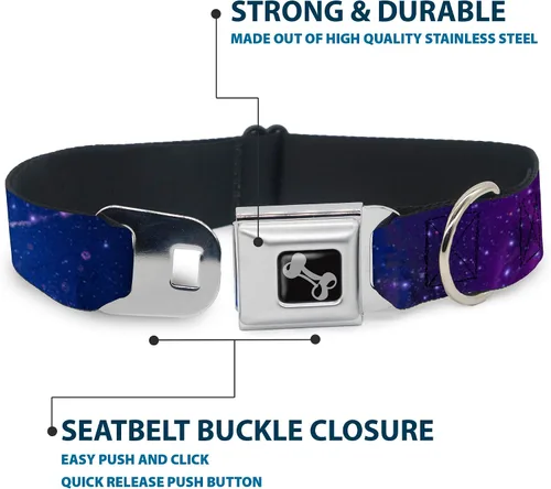 Vista 4 de Buckle-Down Collar de perro con hebilla de cinturón de seguridad, color azul galaxia/morado, 1 pulgada de ancho, se adapta a cuello de 9 a 15