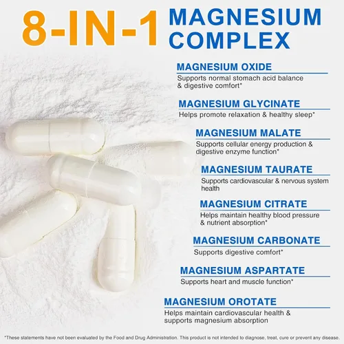 Vista 3 de Suplemento Complejo de Magnesio de 1000 mg con glicinato de magnesio, citrato y malato, apoya la relajación muscular, el sueño y la energía, sin
