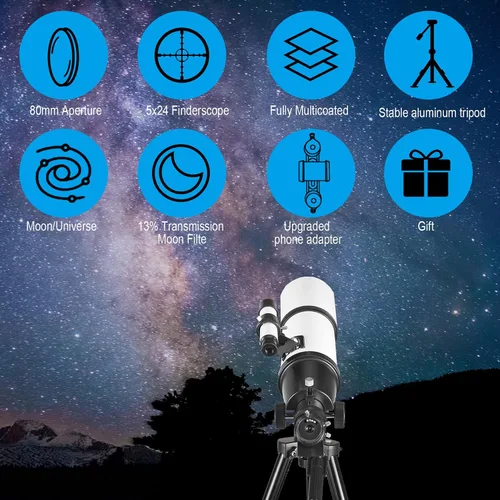 Vista 6 de Telescopio Celticbird para adultos de alta potencia, apertura de 80 mm, montura AZ de 600 mm, telescopio refractor para niños principiantes