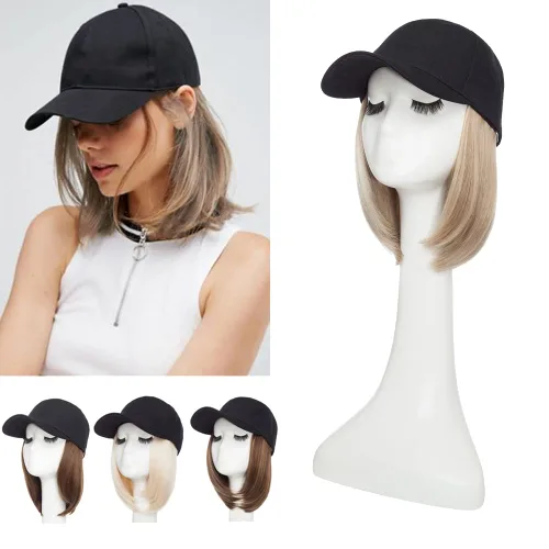 Vista 17 de S-noilite Peluca de gorra de béisbol de 6 pulgadas con peinado Bob y extensiones de cabello, gorra de béisbol recta ajustable para mujer