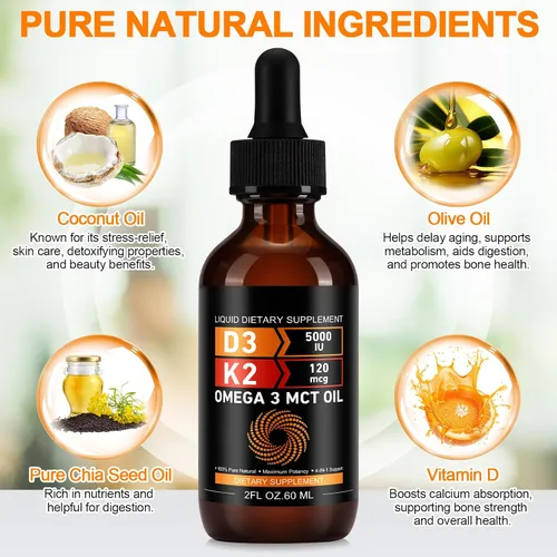Vista 2 de Daiasns Vitamina D3 5000 UI y K2 (MK-7) 120 mcg 2.0 fl oz gotas con aceite MCT Omega 3, suplementos líquidos de vitamina D3 y K2 - Suministro de 2