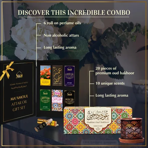 Vista 2 de Oud Bakhoor - Caja variada con quemador y aceite Ma'amoul Attar Set - 6 botellas x 0.2 fl oz