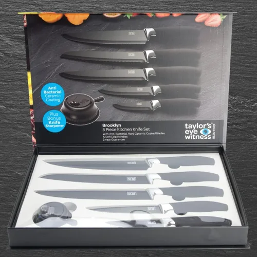 Vista 6 de Taylors Eye Witness Juego de 5 cuchillos de cocina de regalo – Brooklyn Chrome Coloured Bolsters, navaja a juego con cuchillas negras azabache