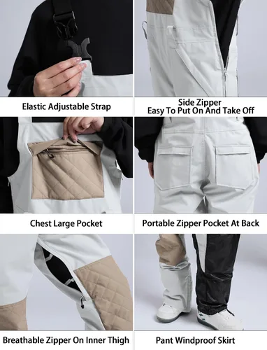 Vista 5 de GSOU SNOW Women Snow Bibs Ski Snowboard Pants Waterproof Beige y blanco