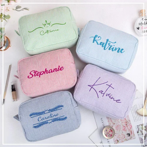 Vista 3 de Roycraft Bolsa de maquillaje de viaje y cosméticos para mujer, Raya, Seersucker bordado