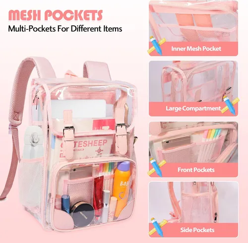 Vista 4 de Mochila transparente aprobada para estadios, mochila de viaje para mujeres, mochila escolar para niñas, mochila transparente para niñosadultos