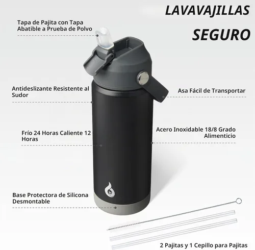 Vista 3 de BJPKPK - Botella de agua aislada con tapa de popote, 532 ml Botellas termo con boquilla suave, asa flexible y base antideslizante, libre de BPA, a