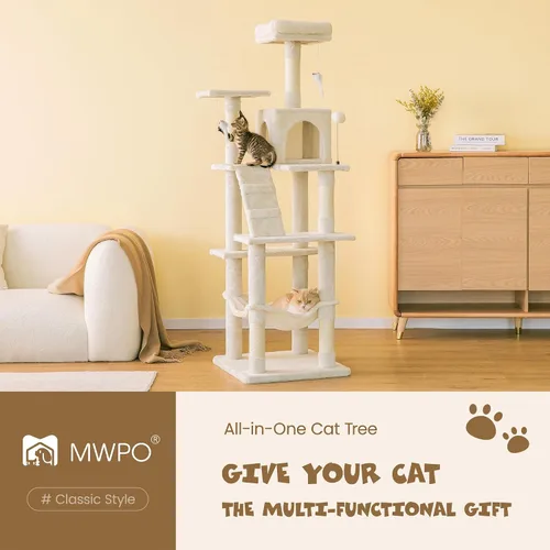 Vista 2 de MWPO - Árbol para gatos, multiestructura para gatos grandes con postes rascadores de sisal, plataforma acolchada, hamaca y condominio, torre Beige