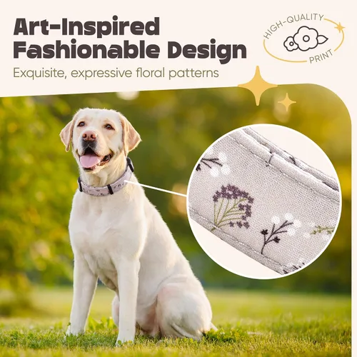 Vista 3 de Collar de perro para perros medianos y grandes, patrón acolchado de algodón con flores en collares de larga duración, ajustables, fuertes