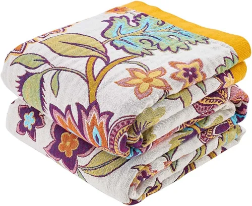 Vista 32 de Manta bohemia de muselina de algodón tejida con flores decorativas de 50 x A-verde