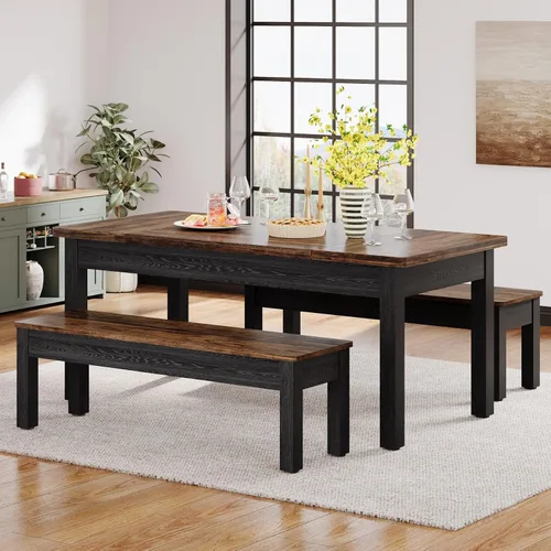 Vista 9 de Tribesigns Juego de Mesa de Cocina de Granja para 4-6, Mesa de Comedor de Madera de 55 Pulgadas con 2 Bancos, Juego de Comedor de 3 Piezas
