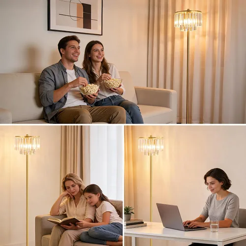 Vista 8 de QiMH Lámparas de pie para sala de estar, lámpara de pie dorada con interruptor de pie de encendido/apagado, lámpara de pie con pantalla de barras