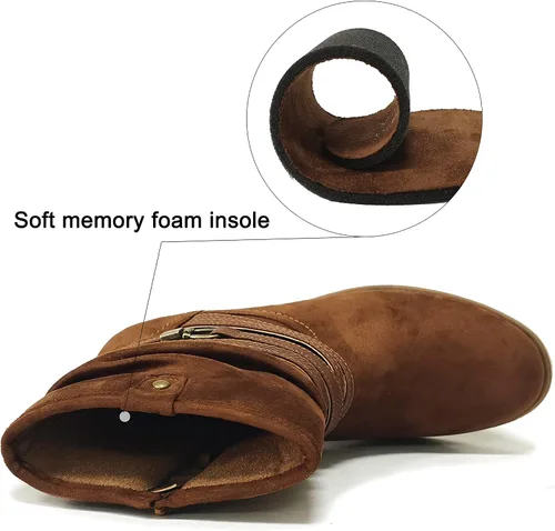 Vista 3 de VJH confort Botas de media pantorrilla para mujer, puntera redonda, tacón bajo, cómodo, holgado, con correa de hebilla y cremallera lateral