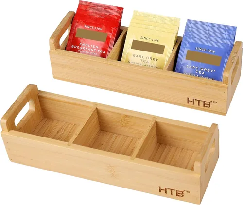 Vista 12 de HTB Caja Pequeña de Bolsitas de Té de Madera, 3 Compartimentos, Cofre de Bolsitas de Té de Madera de Acacia con Asa, Mini Contenedor