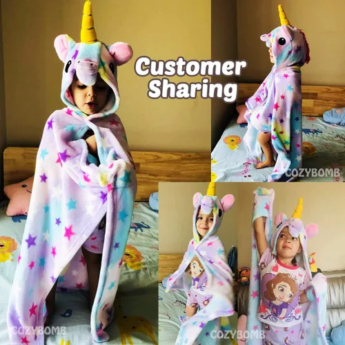 Vista 2 de CozyBomB Unicorn Gifts for Girls Wearable Fleece Soft Throw Blanket for Kids - Cute Hooded Plush Bathrobe Cozy Wrap with Hood