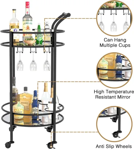 Vista 5 de Carrito redondo negro con 2 estantes de espejo, estante para vino y ruedas con cerradura, adecuado para cocina del hogar, club, sala de estar