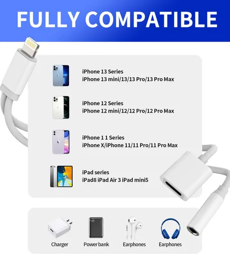 Vista 6 de Adaptador AUX para iPhone para conector de auriculares, Dongle 2 en 1 Lightning a 0.138 in Splitter Cable de carga Apple MFI certificado