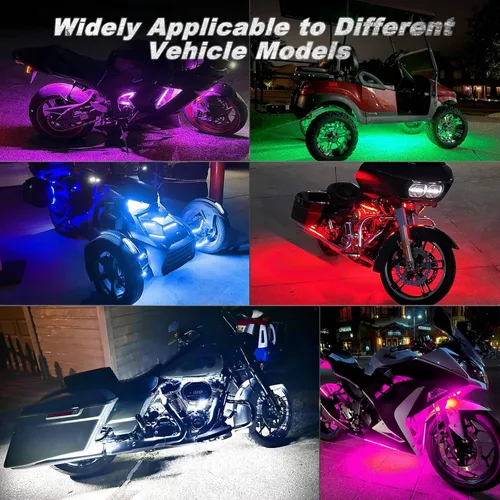 Vista 7 de 8 kits de luces LED RGB segmentadas para motocicleta con control remoto APP/RF, luces subterráneas multicolor con señal de giro de freno, tira
