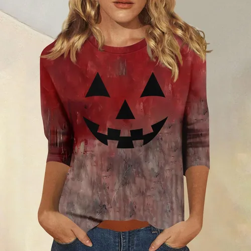 Vista 154 de Camisetas personalizadas para mujer, a la moda, casual, de séptima manga, estampada, cuello redondo, camiseta