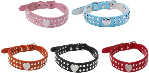 Vista 3 de Lindo collar de perro de 2 filas de diamantes de imitación con forma de corazón tachonado para perro pequeño o mediano, azul, XS
