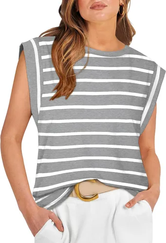 Vista 39 de WIHOLL Camisetas de mangas casquillo para mujer, camisetas básicas de verano, camisetas informales sin mangas, ajuste holgado, a la moda D - Raya