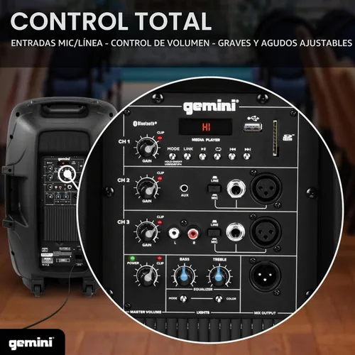 Vista 2 de Gemini Altavoz y soporte PA de 15", 1000 vatios, luces LED