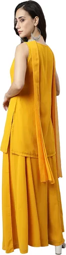 Vista 5 de Janasya Kurta de Georgette de mostaza india con Kali Palazzo y Dupatta