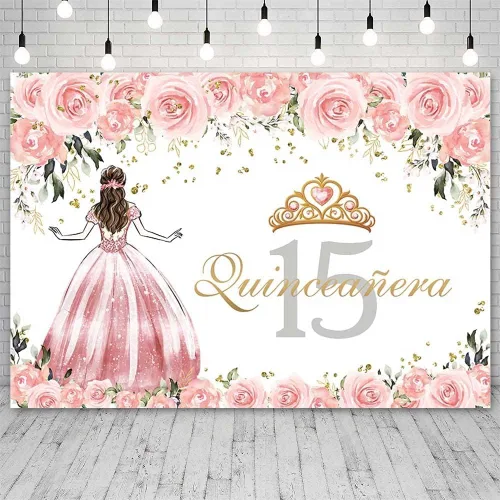 Vista 8 de Sendy Telón de fondo de quinceañera de 15 cumpleaños para niñas, vestido azul, corona de princesa, fondo de fotografía, flores azules y zapatos