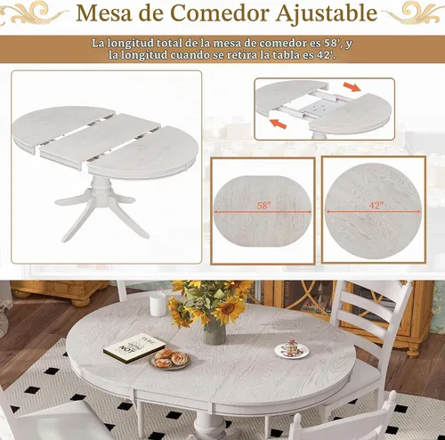 Vista 6 de Juego de mesa de comedor redonda extensible retro de 5 piezas, mesa de comedor ajustable de madera maciza de 42 a 58 pulgadas con 4 sillas de Blanco