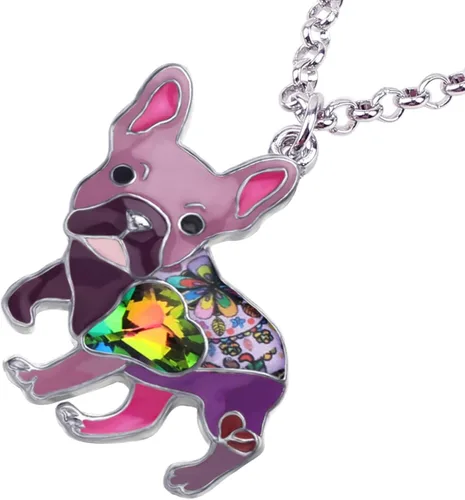 Vista 3 de BONSNY Collar de Bulldog Francés con diamantes de imitación esmaltados, diseño original para mujeres y niños