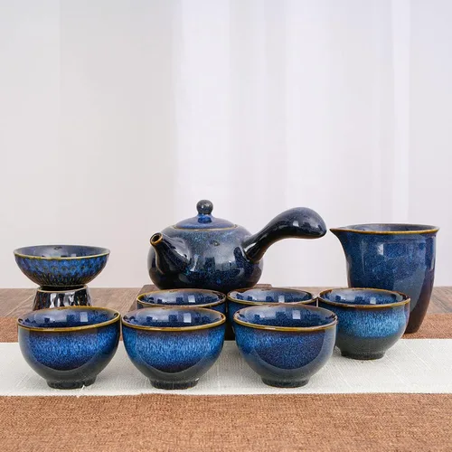 Vista 3 de Juego de té chino de cerámica Kung Fu, juego de té para adultos de 9 piezas, juego de té de la tarde, juego en caja de regalo perfecto para los Azul