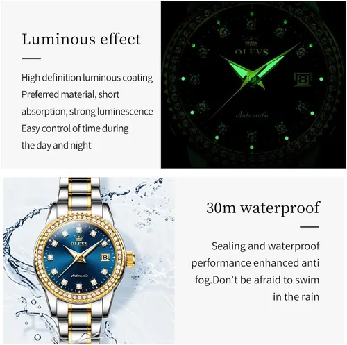 Vista 5 de OLEVS Reloj automático para mujer, de lujo, con diamantes de lujo, cuerda automática, impermeable, fecha luminosa