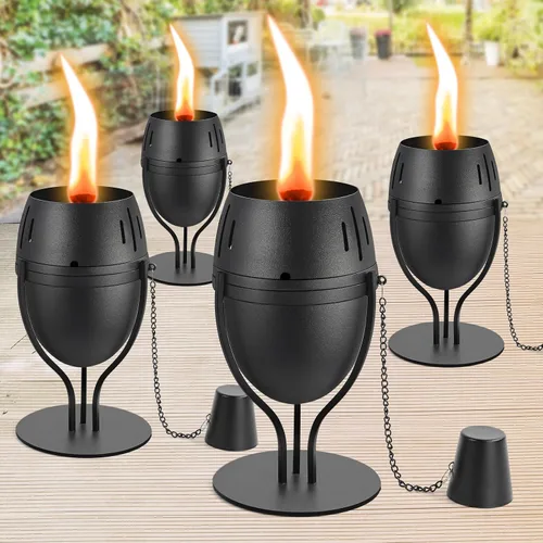 Vista 8 de Paquete de 2 antorchas de metal para mesa, antorchas de citronela de 24.5 onzas para exteriores, antorcha de luz de llama rellenable, antorcha