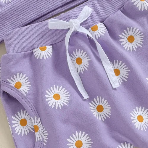 Vista 4 de Conjunto de 3 piezas de sudadera de margaritas + pantalones + diadema, ropa infantil de otoño e invierno