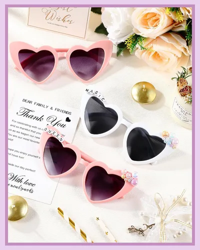 Vista 4 de 12 pares de lentes de sol de corazón de San Valentín para despedida de soltera a granel con cuentas de letras y perlas pegamento para fiesta de boda