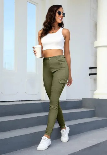 Vista 8 de ECUPPER Pantalones de mezclilla ajustados de cintura alta para mujer, pantalones de mezclilla elásticos de tiro alto, jeans ajustados con bolsillos
